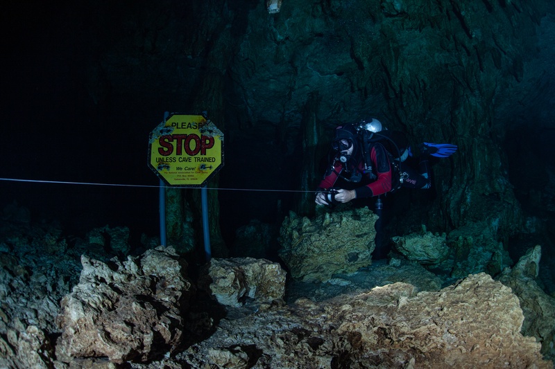 Cave diver follows the guideline past a Stop Unless Cave Trained sign in the cenote.