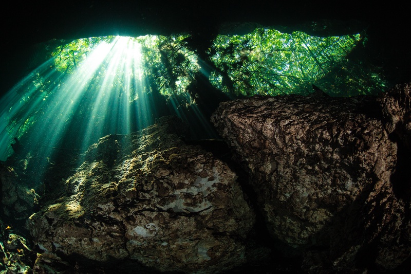 Twin cenote openings send sunlight across limestone boulders in the shallow cave.