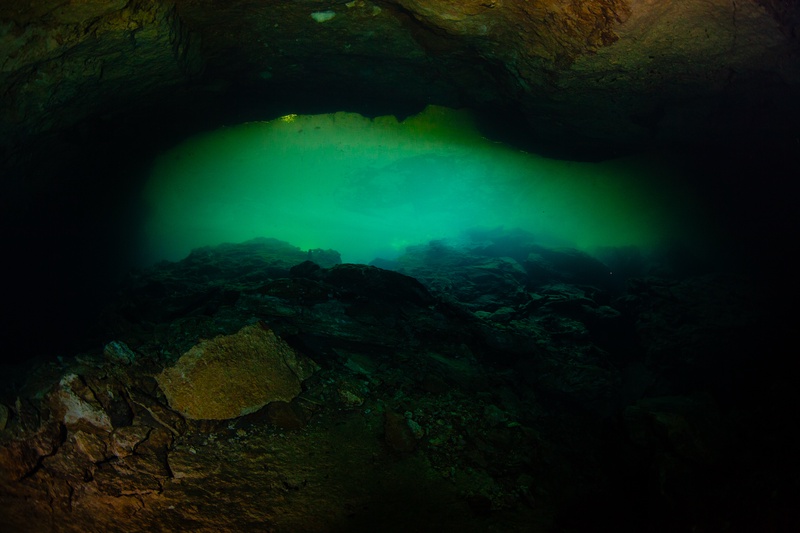 Green halocline glows through the cenote passage, blurring the dark limestone walls.
