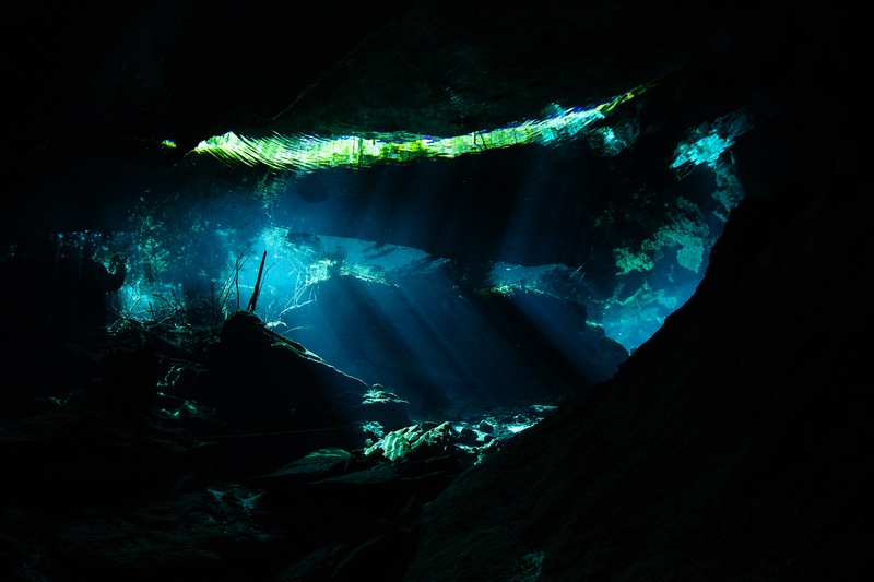 Sunbeams pour through the cenote opening, lighting the cavern floor and rock walls below.