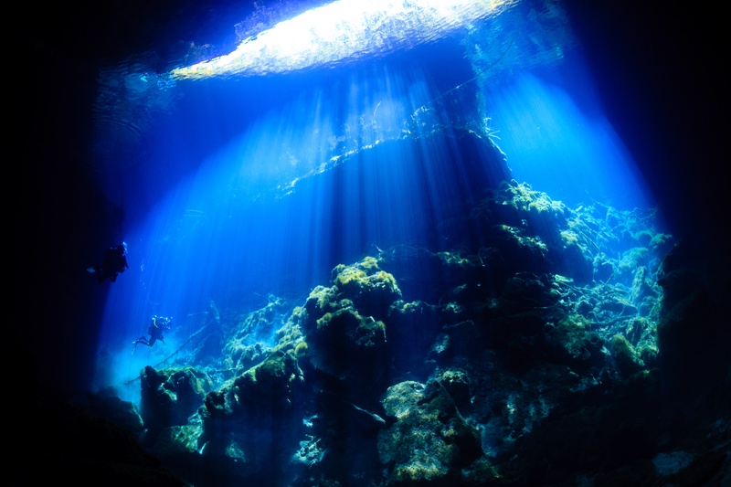 Sunbeams pour into a cenote chamber, lighting divers and mossy limestone below.