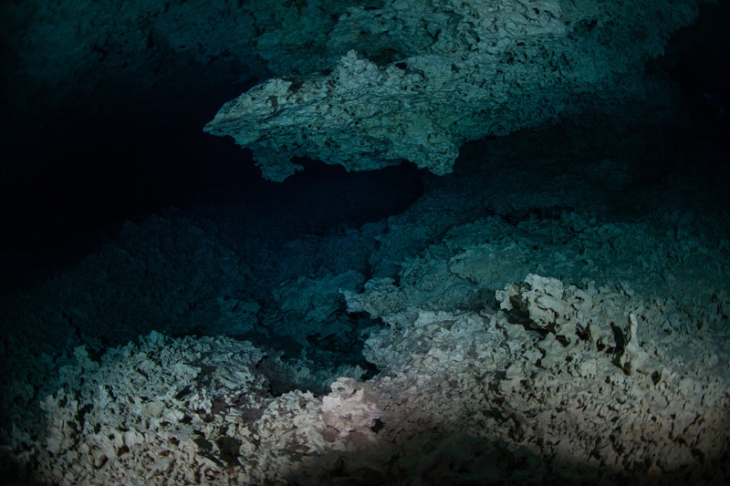 Limestone folds and rocky overhangs recede into darkness inside a Playa del Carmen cenote.