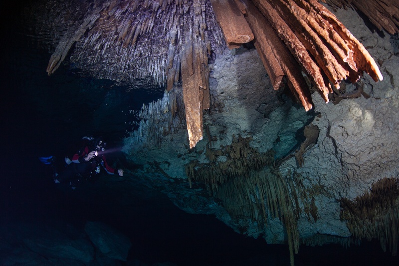 Torch beam picks out a huge curtain of stalactites and stalagmites inside the cenote.