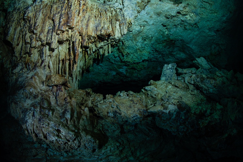 Ancient stalactites hang over turquoise cenote water, marking a cavern formed before flooding.